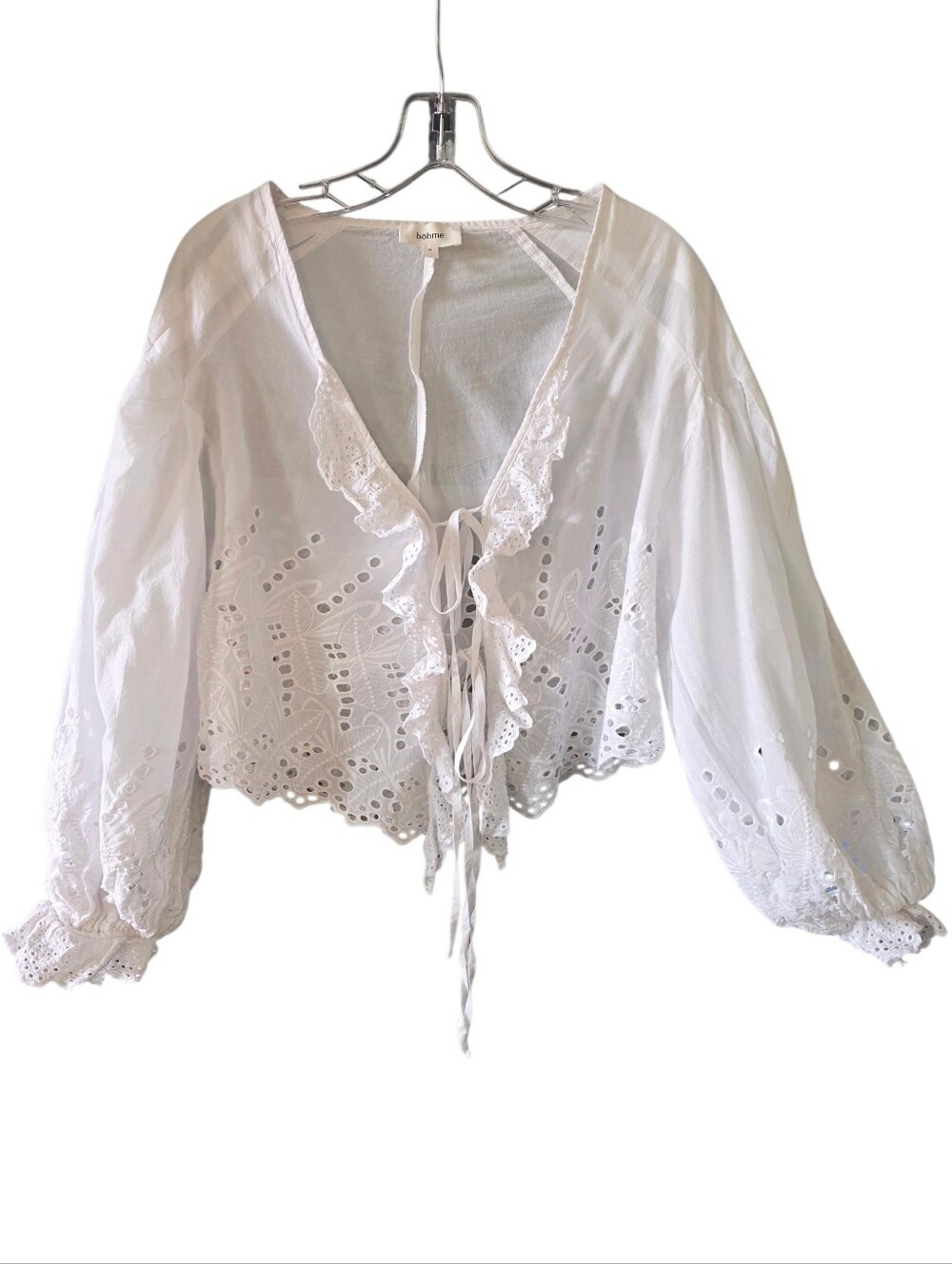 bohme White Eyelet Tie-Front Peasant Top/Cardigan Size Medium